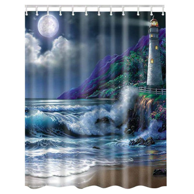 

UpperX Fabric Waterproof Bathroom Shower Curtain Panel Sheer Decor With Hooks SetMoon Wave Lighthouse