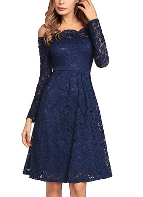 

Vintage Lace Off the Shoulder Long Sleeve A Line Pleated Dress Homecoming Dress