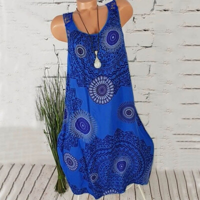 

New Fashion Women Printing Sleeveless Tank Dress Vintage Bohemian Midi Dress