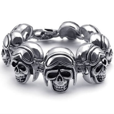 

Hpolw Large Heavy silver&black Stainless Steel Gothic Skullskeleton head Biker Mens Lobster Clasps Skeleton link chain Bracelet