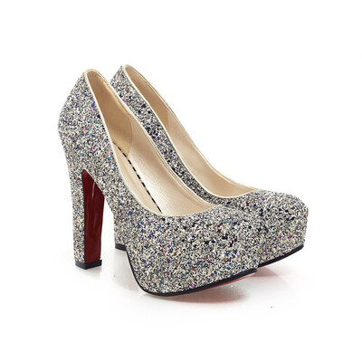 

IDIFU Womens Sequin Round Toe Chunky High Heel Bridal Shoes Slip on Hidden Platform Pumps