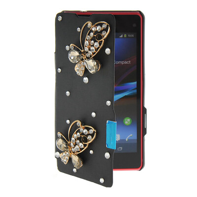 

MOONCASE Rhinestone Crystal Ultre Slim Leather Side Flip Wallet Shell Back Case Cover for Sony Xperia Z1 Compact (Mini) Black
