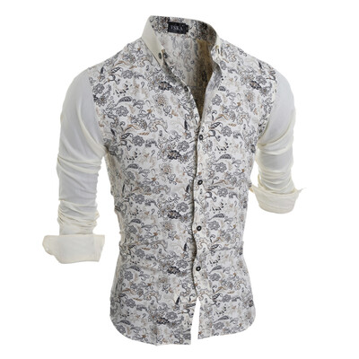 

Autumn Long Sleeve Casual Men Shirt Flora Porcelain Print Patchwork Unique Design Man Fashion Shirt
