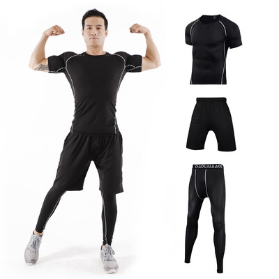 

Fan Dimu sports suit mens fitness clothing tight body quick-drying breathable moisture wicking running basketball suit fitness clothing men FNZ9001-black stitching - short sleeve three-piece - XL