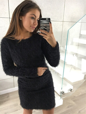 

Women Winter Long Sleeve Sweater Fleece Warm Basic Short Dress