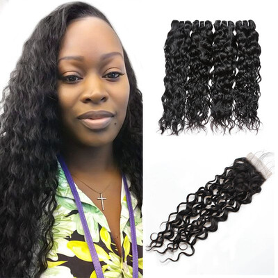 

Ishow 7APeruvian Human Hair Water Wave 4 Bundles With Closure Free Part Hair Extension Natural Color Hair Bundles