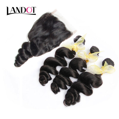 

9A Lace Closure With 3 Bundles Indian Virgin Hair Loose Wave 4PcsLot Indian Loose Wavy Curly Human Hair Weave And Closure 4x4Size