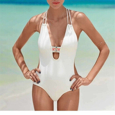 

2018 Womens Sexy Triangle Jumpsuit One Piece Swimsuit Patchwork Halter Bathing Suit Beach Swimwear