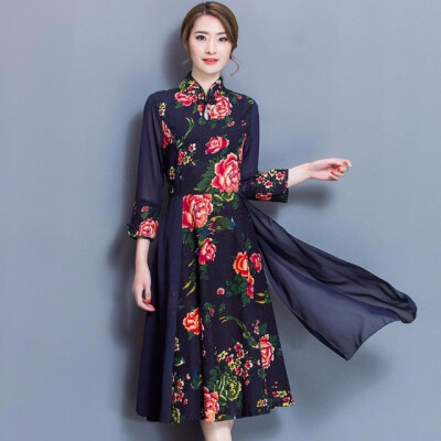 

Cotton Linen Print Flower Women Dress Vintage Slim Elegant Ladies Dresses