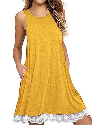

Summer Women Casual Round Neck Solid Color Loose Sleeveless Beach Tank Top A-line Pocket Dress Sexy Short Club Party Mini Hal