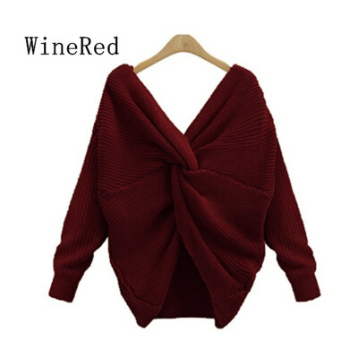 

2018 Two Wearing V-neck Knotted Backless Sweater Long-sleeved Women