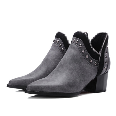 

IDIFU Womens Sexy Rivets Studded Pointed Toe Booties Block Mid Heel Slip-on Ankle Boots