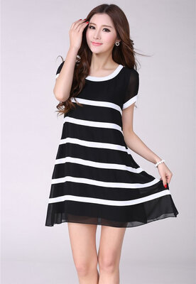 

Summer Women Chiffon Loose Big Yards M-XXL Black&White Striped Party dress