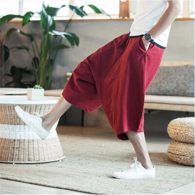 

Mens wide crotch harem pants loose summer large cropped trousers wide-legged bloomers Chinese style flaxen baggy