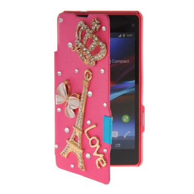 

MOONCASE Rhinestone Crystal Ultre Slim Leather Side Flip Wallet Back Case Cover for Sony Xperia Z1 Compact (Mini) Hot pink