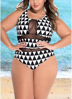 

2018 Plus Size Mesh Insert Geometric Print Monokini
