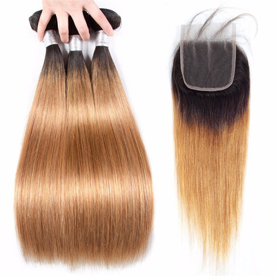 

HCDIVA 3 Bundles Ombre Brazilian Straight Human Hair Bundle With Closure with Baby Hair 1b27 Virgin Ombre Dark Roots Blonde
