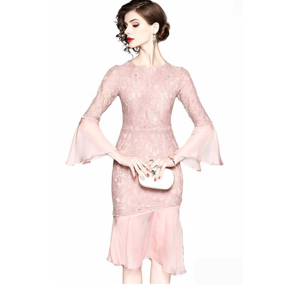 

2018 New Spring Pink Solid Lace O-Neck Office Lady Beading Mermaid Knee-Length Women Sheath Lace Up Bodycon Dress