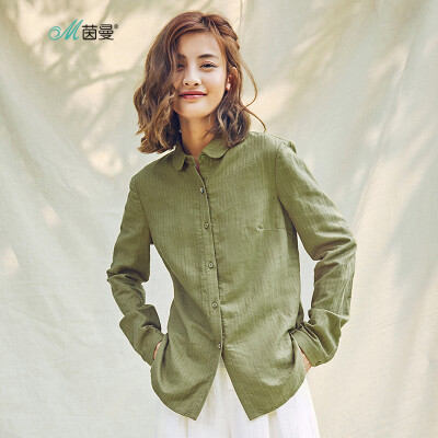 

INMAN 2018 autumn new linen cotton dark jacquard small shirt collar basic shirt female 18830VP11403 dark green