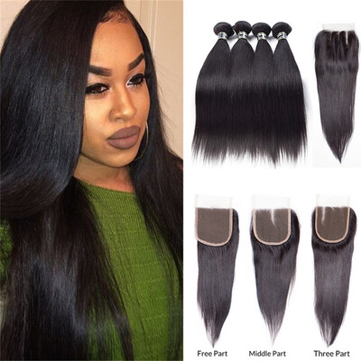 

8A Grade Mongolian Virgin Hair 4 Bundles With 4x4 Closure Straight Hair Thick Hair Bundles Nice Pattern Top Quality