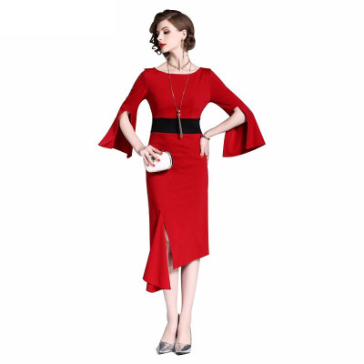 

2018 Summer Party Dress Red Asymmetrical Sexy Sheath Three Quarter Flare O-neck Midi Sheath Dress Womens