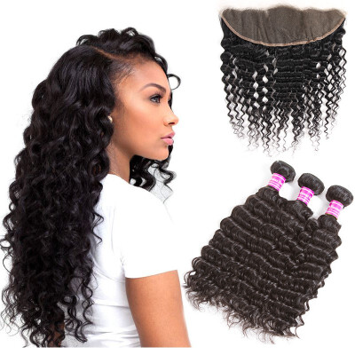 

Glary Malaysian Virgin Hair Bundles with Frontal Deep Wave with Frontal Human Hair with Lace Frontal Free Part Natural Black