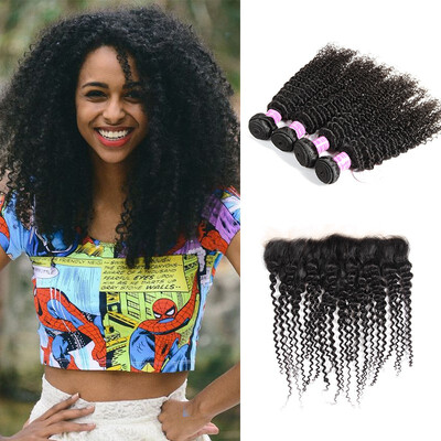 

Unprocessed Malaysian Virgin Human Hair Kinky Curly Bunddles with 134 Lace Part Frontal Wholesale Natural Wave Virgin Hair