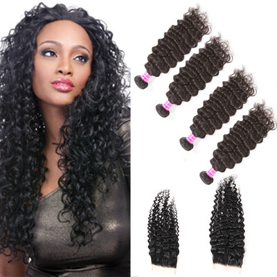 

Glary 8A Mongolian Human Hair Bundles Deep Wave Hair Unprocessed 4 Bundles with Closure 100 Cheap Hair Weaves For Black Women