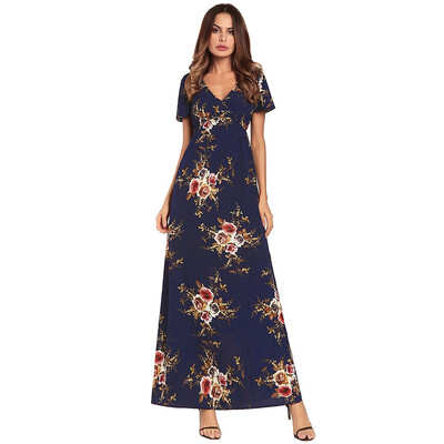 

2018 Fahion Floral Printed Women V-Neck Split Short Sleeve Floor- Long Dress Chiffon Beach Summer Sexy Vestidos
