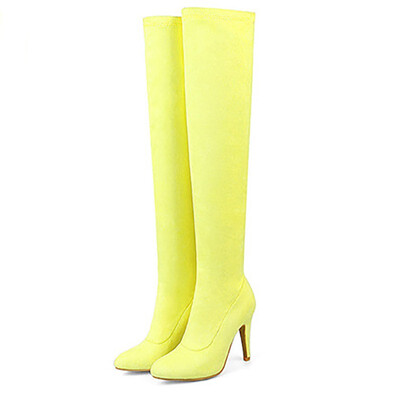 

IDIFU Womens Trendy Vivid Color Stiletto High Heel Pointed Toe Faux Suede Pull on Skinny Above the Knee Long Boots