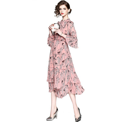 

QUZIHUA 2018 New Summer Pink Print Three Quarter Puffles Sleeve Mid-Calf Bud Office Lady Dress