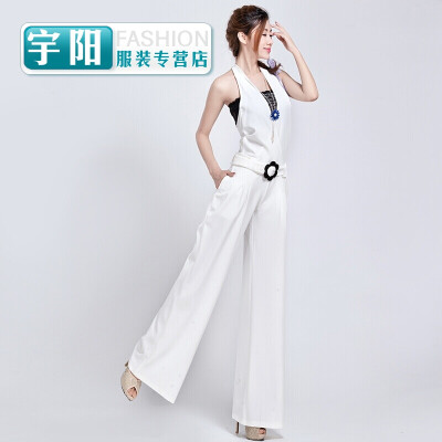 

2017 autumn new casual trousers black Slim jumpsuit wide pants hanging neck bib jumpsuit women