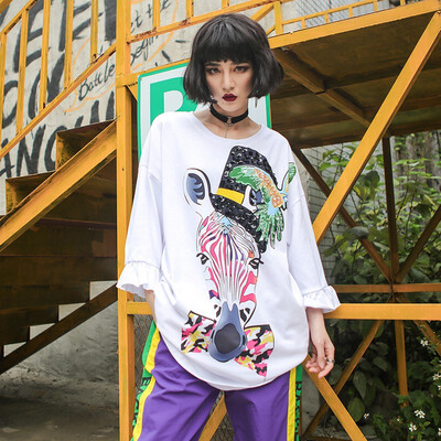 

2018 Womens T-Shirts New Long Flare Sleeve Prints Plus Size Straight T-shirts White Summer Top Women