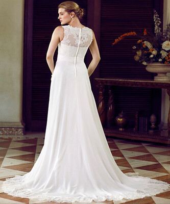

Modified A-Line Princess Bateau Neck Chapel Train Chiffon Lace Wedding Dresses with Appliques Sashes Ribbons