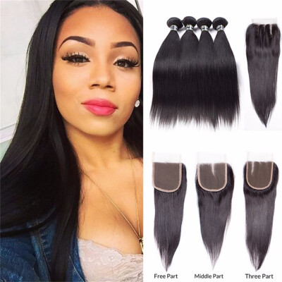 

Amazing Star Brazilian Virgin Straight Hair Bundles with Closure Straight Human Hair with Closure 4x4" Double Weft Silky