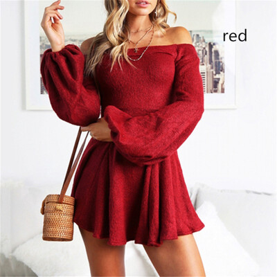 

2018 Autumn&Winter Fashion Womens Long Sleeve Off Shoulder Pleated Skirt Dress