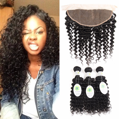 

Brazilian Deep Curly 3 Bundles With Frontal Closure Ear To Ear Lace Frontal With Bundles Brazilian Virgin Hair With Lace Frontal