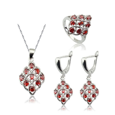 

Pomegranate Red Stone Silver Plated Jewelry Sets for Women Pendant Dangle Drop Earring Ring Four Colors Available Free Gift Box