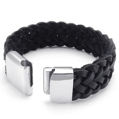 

Hpolw Mens black Genuine Leather&Stainless Steel hand-knitted Spring buckle BraceletsBangle20mm8" 85" 9"