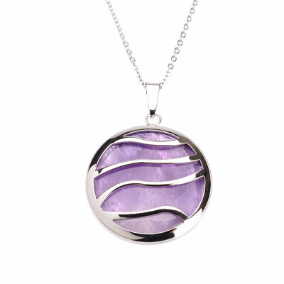 

Round River Lines Purple Quartz Crystal Pendant Stainless Steel Necklaces 17