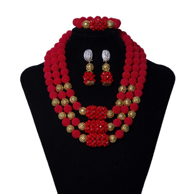 

3 Rows Red Rose Wedding Jewelry Set For Women African Crystal Beads Jewelry Nigerian Bridal Coral Ball Necklace Eearring Bracelet