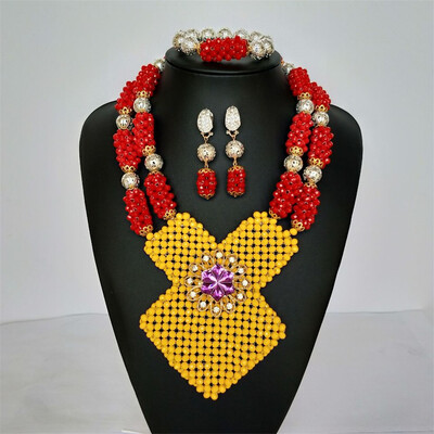 

Red&White Crystal Beads Necklace Set For Women Bib Style Nigerian Wedding Bridal Costume Jewelry Set Party Accessories