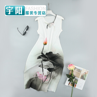 

2017 new guest fabric crepe skirt Sang ink lotus sleeveless vest skirt dress