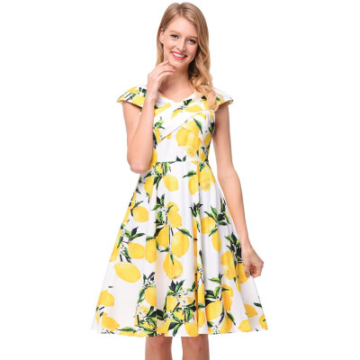 

Women Sexy Bandage 2018 Vintage V-neck Empire Lemon Prnt Floral Dresses Summer Spring A-line Sleeveless Vestido Bandage