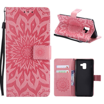 

MOONCASE Samsung Galaxy A8 2018 Wallet CaseSun Flower Pattern Embossed PU Leather Magnetic Flip Cover Card Holders - Pink