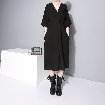 

QUZIHUA 2018 New Summer Black Light Blue V-neck With Sashes Soft Cotton Long Loose Plus size Casual Dress Women