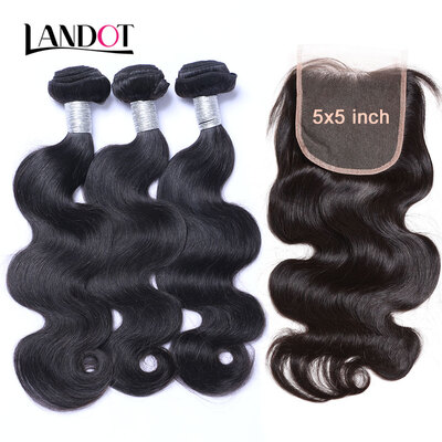

8A Size 5x5 Lace Closure With 3 Bundles Brazilian Body Wave Virgin Hair 4Pcs Lot 100 Human Hair Weaves And Closures Natural Black