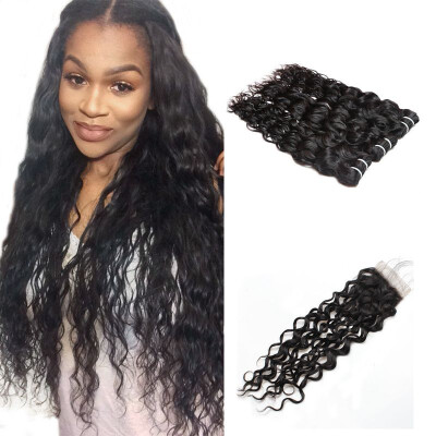 

Ishow 7APeruvian Human Hair 3 Bundles Water Wave With Closure Free Middle Part Hair Extension Natural Color Hair Bundles