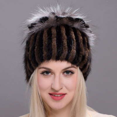 

Real mink cap women with fur lining knit cap knitted with puffed rugs Russian style fox fur mink fashion knitted hats good quali