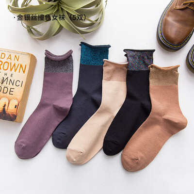

TOLORINIE 5 pairs of autumn&winter gold&silver silk fashion bubble mouth plain casual warm tube female socks black 1 dark gray 1 milk white 1 dark red 1 light gray 1 22-24